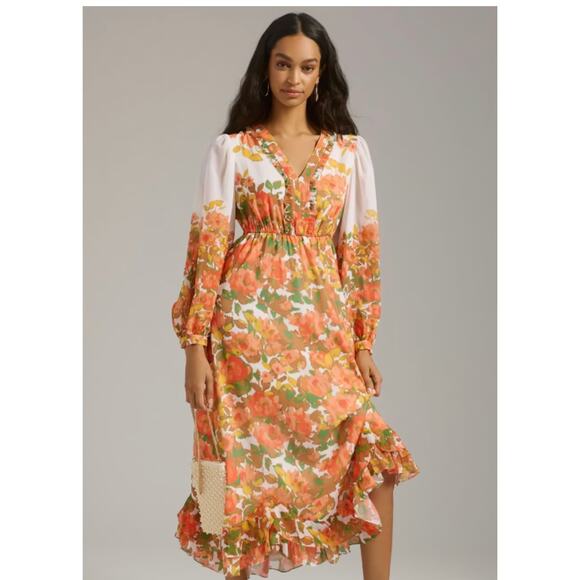 NEW Anthropologie Vineet Long Dress 70s Floral Artsy Boho Hippie XS Cottagecore